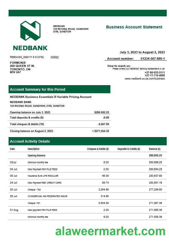 Nedbank firm statement Word and PDF template